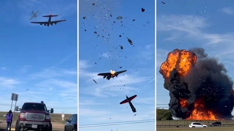 Video impresionante: chocaron dos aviones de la Segunda Guerra Mundial y hay 6 muertos