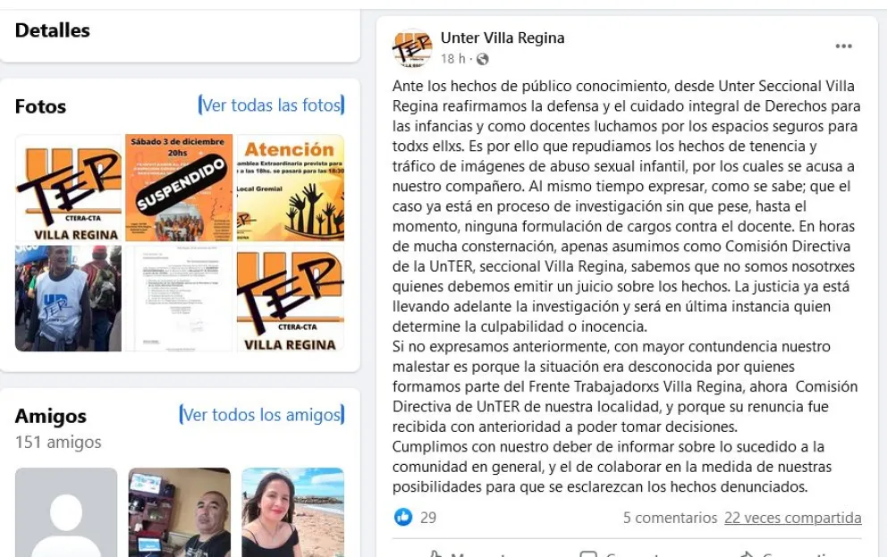El docente involucrado integraba la nueva conducción de la Unter Villa Regina