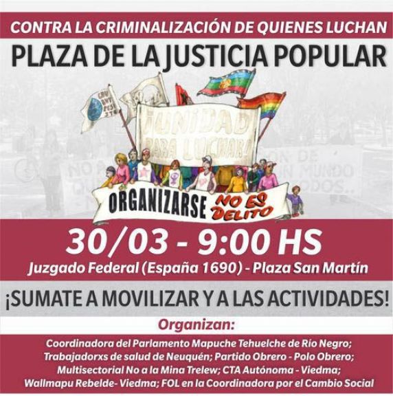 Realizarán una Jornada contra la Criminalización y Plaza por la Justicia Popular en Roca